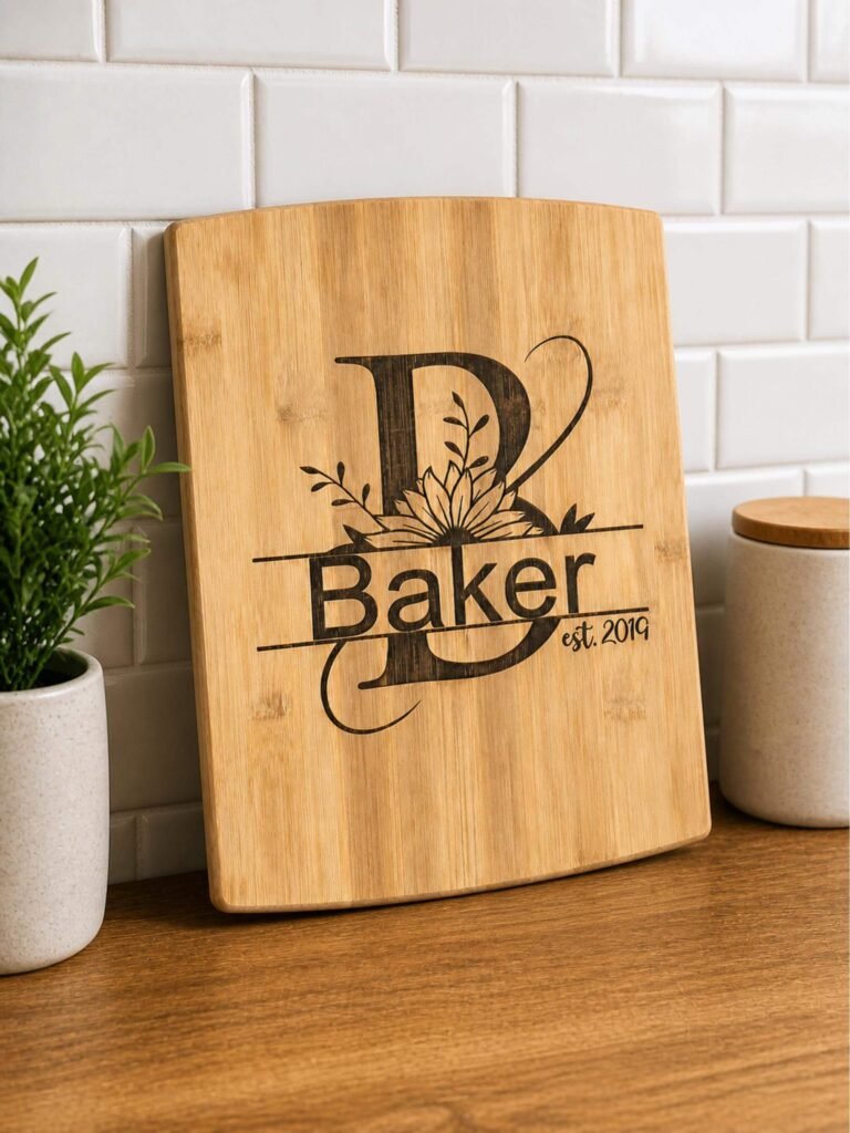 Personalized engraved bamboo cutting board with Baker family monogram and floral B design