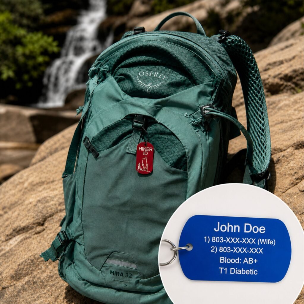 custom emergency hiker id tag personalized