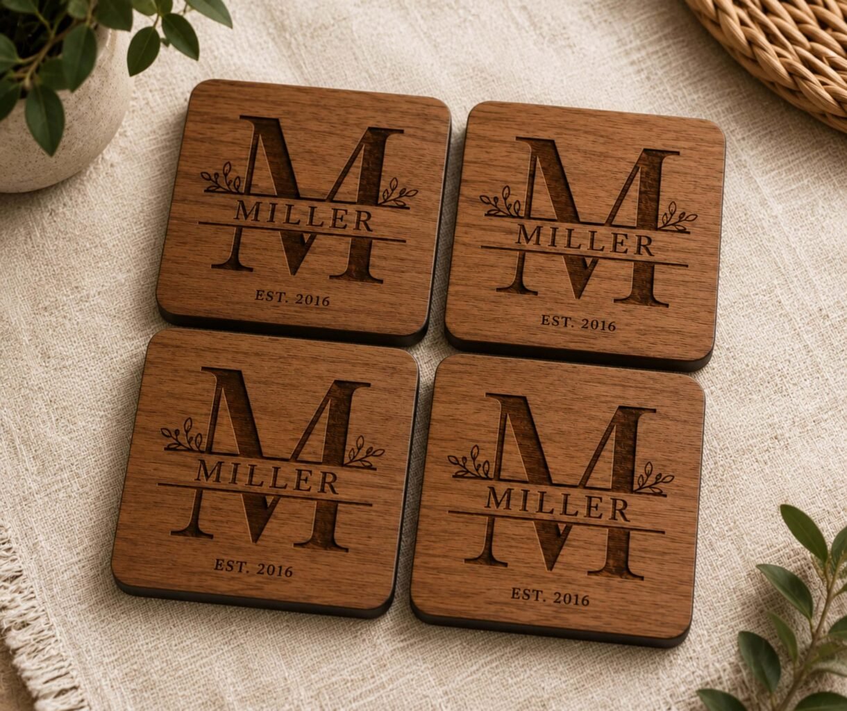 personalized engraved wooden coasters monogram
