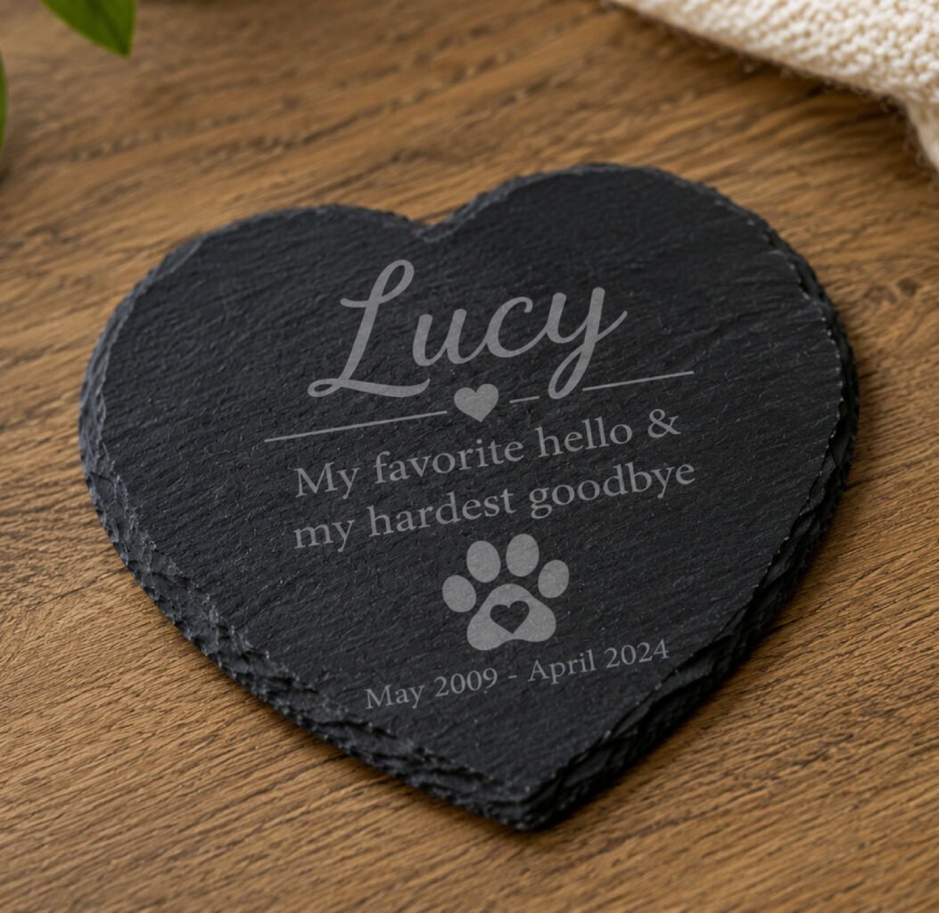 pet memorial keepsake heart shaped engraved slate coaster